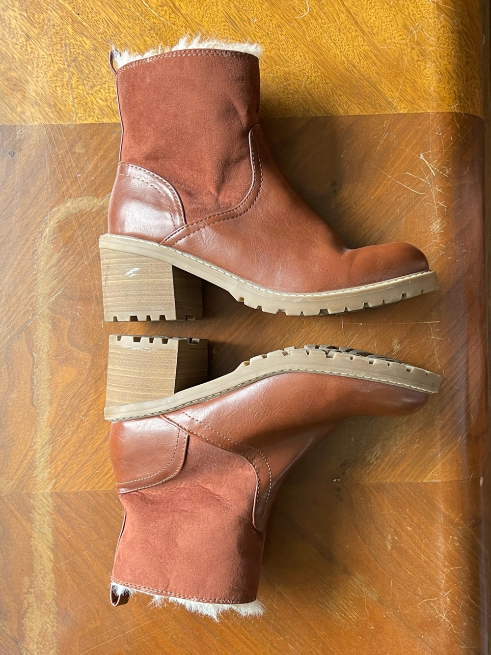 Chestnut Brown Suede & Leather Faux-Shearling Ankle Boots
